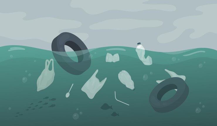 Vetor resíduos de poluição flutuando no oceano, mar ou rio, água, carro, pneus, sacos plásticos
