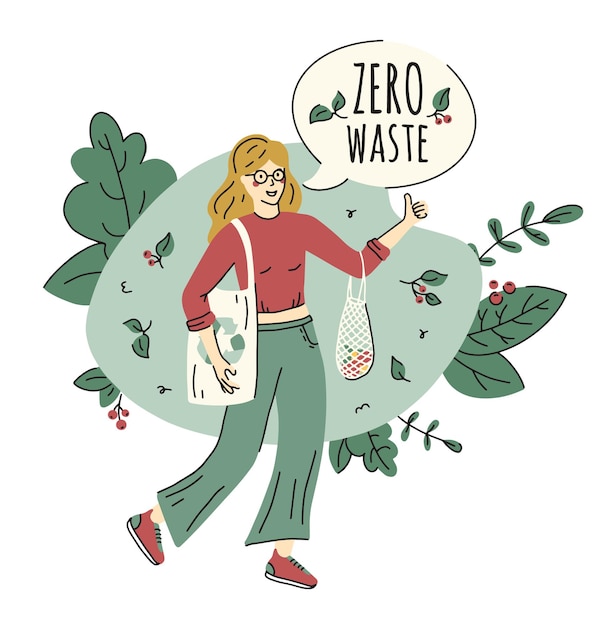 Resíduos zero e conceito de proteção ecológica no estilo doodle com mulher