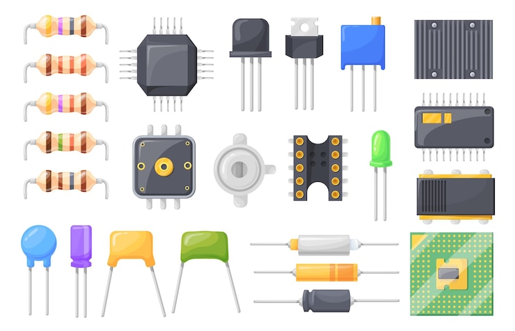 Vetor resistor de semicondutor componente elétrico pcb microcontrolador industrial partes de oscilação elétrica resistência de fusível capacitor microchip processador ilustração vetorial limpa