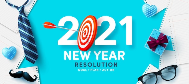 Resolução de ano novo de 2021 e alvo com alvo de tiro com arco vermelho e arqueiro de flechas. objetivos, planos e ação para o conceito de ano novo de 2021