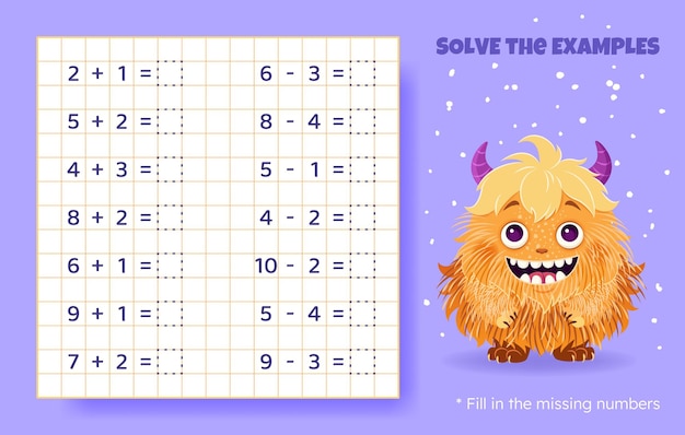 Vetor resolva os exemplos adição e subtração até 10 jogo de quebra-cabeça matemático fala de trabalho para crianças