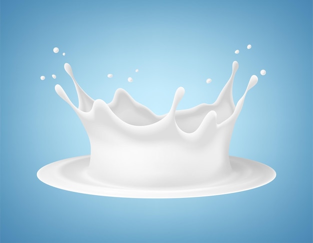 Respingo de leite realista de vetor. coroa de respingo de leite isolada sobre fundo azul.