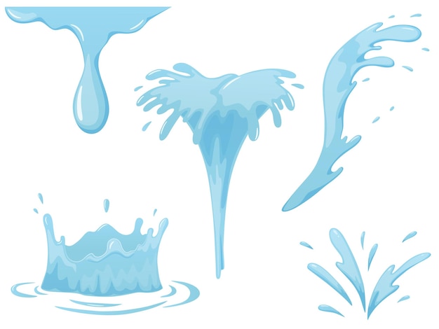Vetor respingos de água e spray. aqua. ondas azuis. lágrimas de desenho animado. gota de chuva isolada ou suor, gotas molhadas de