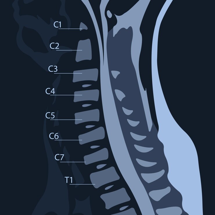 Vetor ressonância magnética da coluna cervical. espondilose e compressão medular.