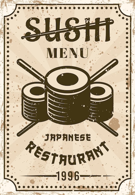 Restaurante de sushi de cartaz de vetor de menu de cozinha japonesa em estilo vintage. texturas e textos grunge separados em camadas