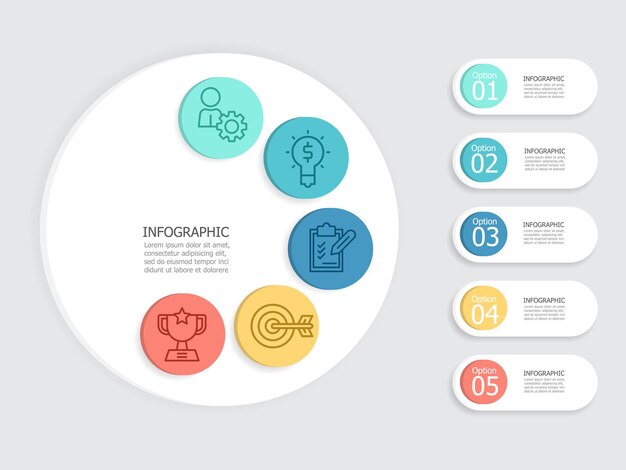 Vetor resumo círculo etapas linha do tempo elemento infográfico relatório fundo com ícone de linha de negócios 5 etapas