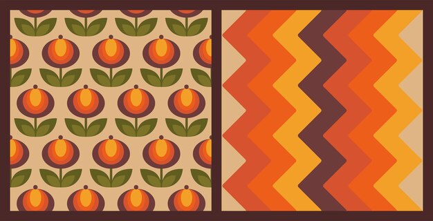 Resumo de 1970 sem costura padrão definido: flores e ziguezague em cores gradiente ocre. Estilo Retro, Fundo Geométrico Vintage. Ilustração em vetor desenhados à mão. Papel de Parede Colorido dos Anos Setenta.