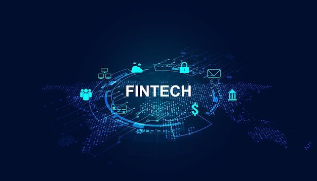 Resumo fintech finance e map dots tecnologia aplicada no negócio financeiro de ícones