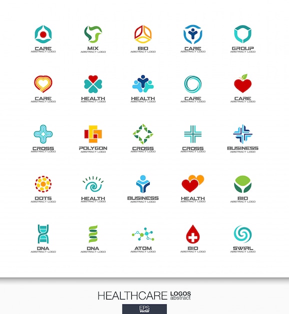 Resumo logotipo definido para empresa de negócios. elementos de identidade corporativa. cuidados de saúde, medicina e farmácia cruzam conceitos. coleção de cuidados de saúde, assistência médica, logotipo. ícones coloridos