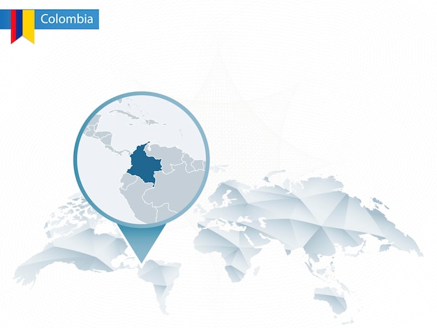 Resumo mapa-múndi arredondado com ilustração vetorial de mapa de colômbia detalhado fixado