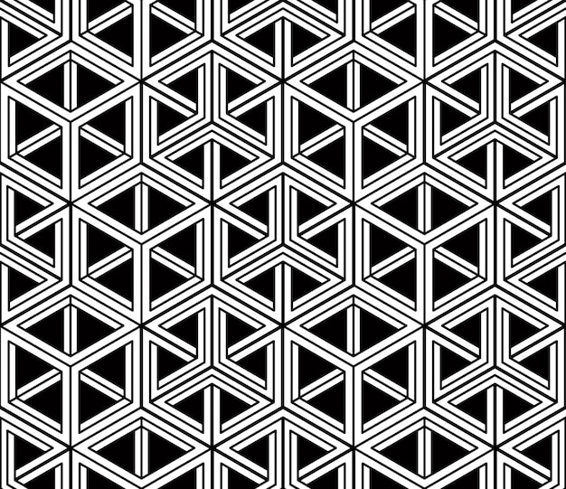 Resumo monocromático entrelaçam padrão geométrico sem emenda. cenário ilusório de vetor preto e branco com figuras entrelaçadas tridimensionais. cobertura gráfica contemporânea.