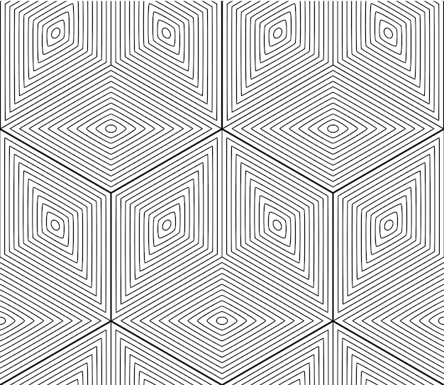 Resumo monocromático entrelaçam padrão geométrico sem emenda. cenário ilusório de vetor preto e branco com figuras entrelaçadas tridimensionais. cobertura gráfica contemporânea.