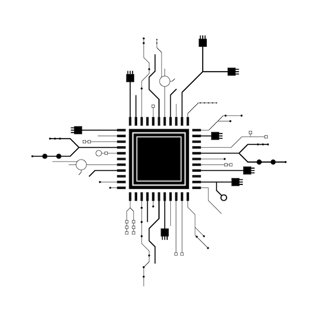 Resumo preto simples linha cpu, computador, tecnologia doodle contorno elemento vetor design estilo