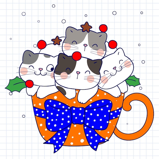 Resumo vetorial desenhado à mão Ilustração de desenho animado do tempo do Feliz Natal com personagens fofos de gato em não