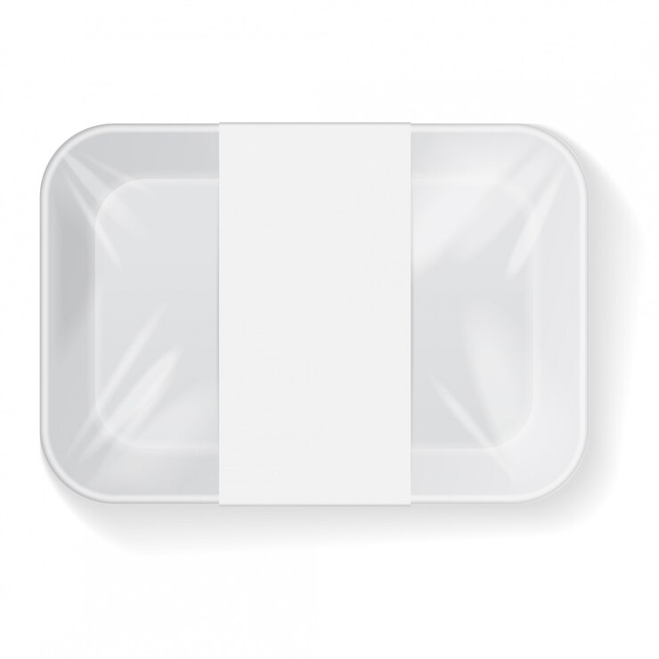 Vetor retângulo branco em branco isopor plástico bandeja de alimentos recipiente com etiqueta.
