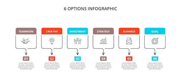 Retângulos de linhas finas com elementos coloridos. seis elementos de infográfico.