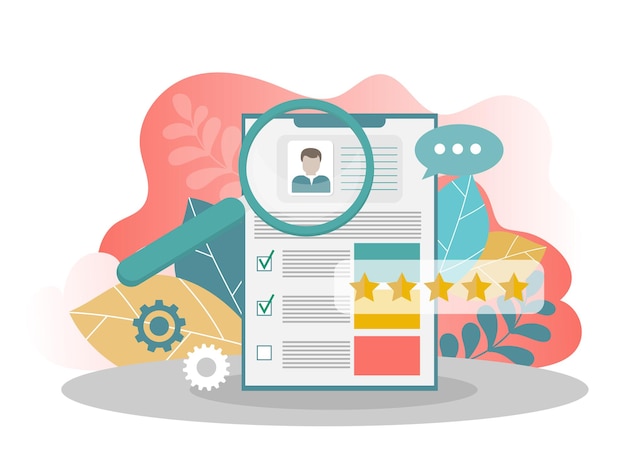 Retomar. Procura de emprego e conceito de recrutamento. Gestão de RH. Candidato a formulário de emprego. Conceitos de design moderno plano para banners web, sites da web, materiais impressos, infográficos. Vetor criativo