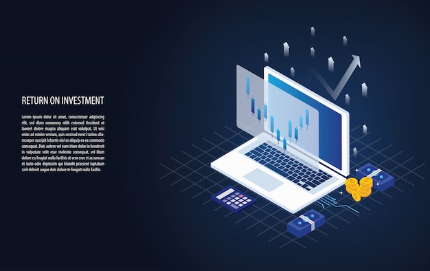 Retorno isométrico no gráfico de investimento roi e gráfico em um laptop