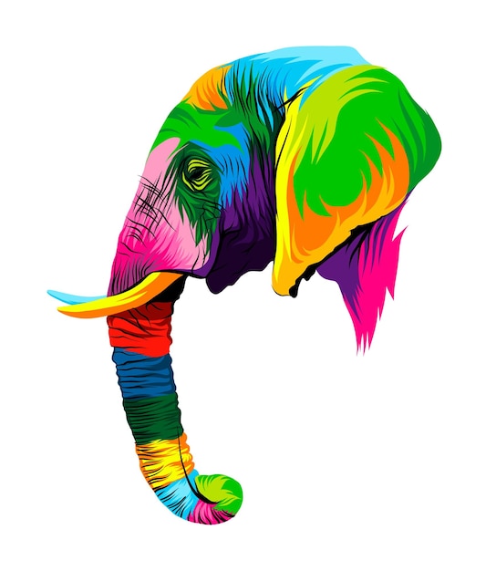 Retrato abstrato de cabeça de elefante de tintas multicoloridas desenho colorido ilustração vetorial