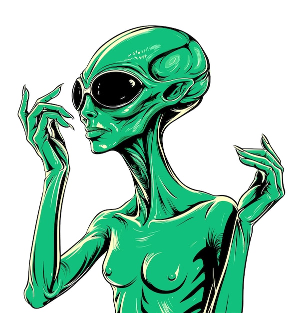 Retrato alienígena humanóide em estilo gráfico vetorial modelo para adesivo de camiseta etc