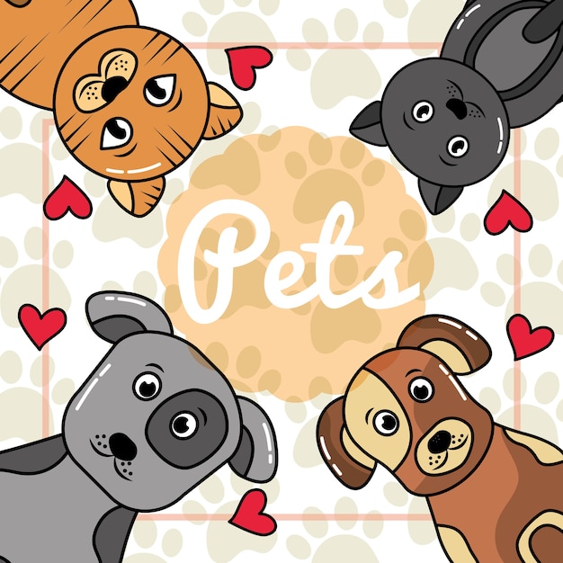 Retrato animal com gatos e cães animais de estimação patas coração cartaz