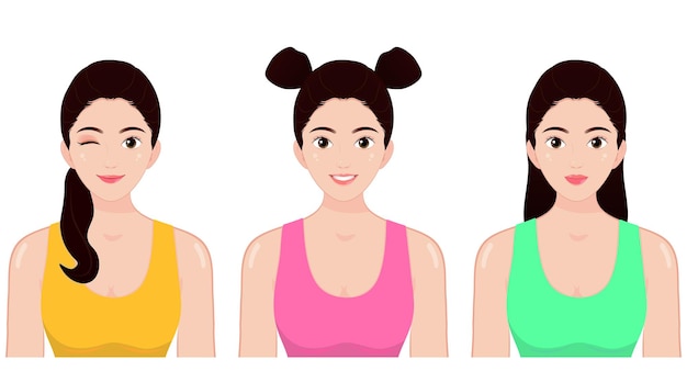 Vetor retrato da beleza de três jovens mulheres asiáticas cabelo preto pele clara jovem rosto corpo maquiagem pele