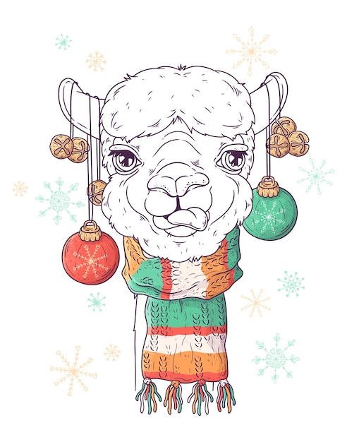 Retrato da linda alpaca em acessórios de natal