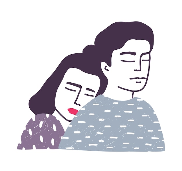 Retrato de adorável jovem casado amoroso casal ou par de parceiros românticos. Mulher encostada nas costas do homem e abraçando-o desenhado à mão