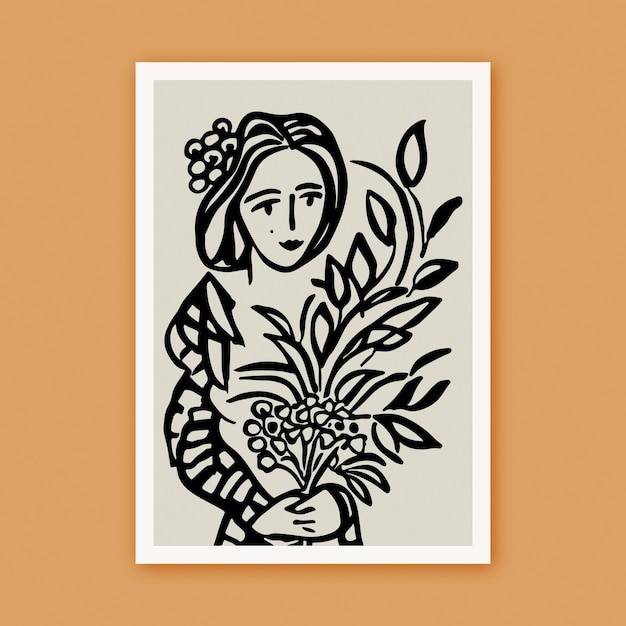 Retrato de arte de linha de tinta preta pintada à mão de mulher com flores Pôster Crazy Plant Lady