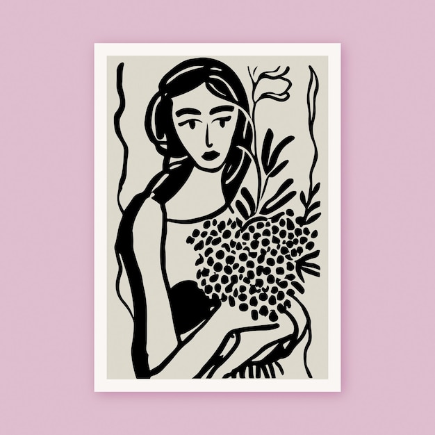 Retrato de arte de linha de tinta preta pintada à mão de mulher com flores pôster crazy plant lady