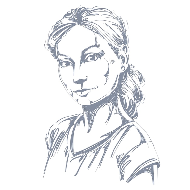 Retrato de arte desenhado à mão de mulher romântica de pele branca, ilustração de tema de emoções de rosto. Bela dama posando em fundo branco, ternura.