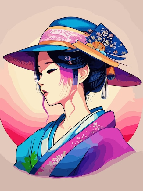 Vetor retrato de arte vetorial digital de mulher gueixa japonesa com ilustração tradicional