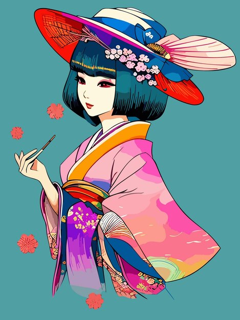 Vetor retrato de arte vetorial digital de uma gueixa japonesa fofa com ilustração tradicional