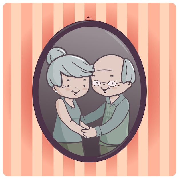 Vetor retrato de avós casal idoso em uma foto emoldurada pendurada na parede ilustração vetorial