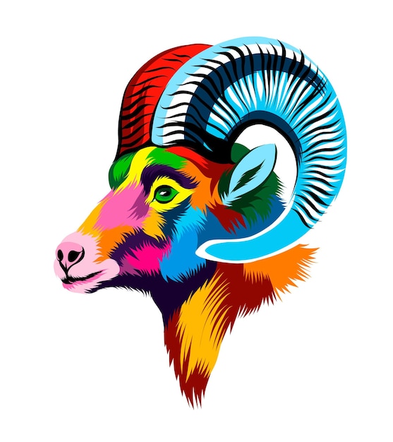 Vetor retrato de cabeça de carneiro selvagem abstrato ovelha de montanha de tintas multicoloridas desenho colorido vect