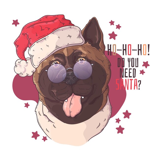 Retrato de cachorro desenhado à mão com acessórios de Natal.