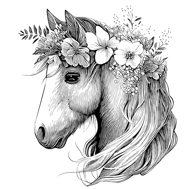 Vetor retrato de cavalo com flores na ilustração de esboço desenhado à mão na cabeça