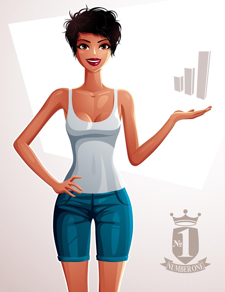 Vetor retrato de corpo inteiro de mulher de pele escura sexy coquete. senhora linda com uma maquiagem elegante, isolada no fundo branco. uma garota mostrando algum espaço de cópia em branco ao lado com a mão.