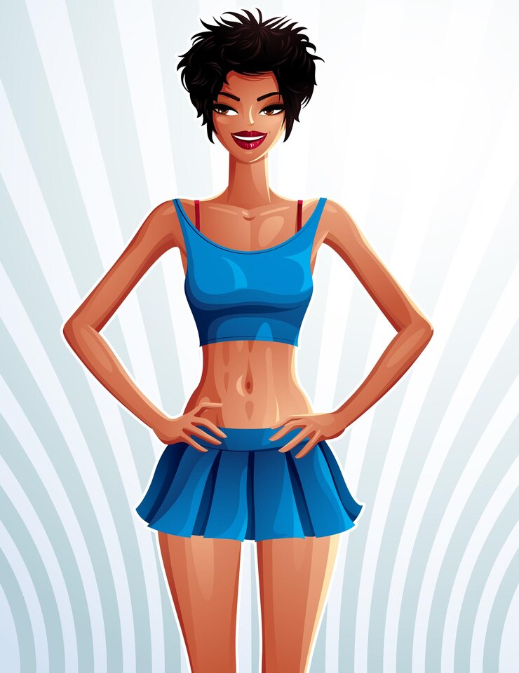 Vetor retrato de corpo inteiro de uma linda morena sexy vestindo uma saia de tênis e um desenho top, colorido. senhora bem vestida elegante segurando as mãos na cintura, ilustração vetorial.
