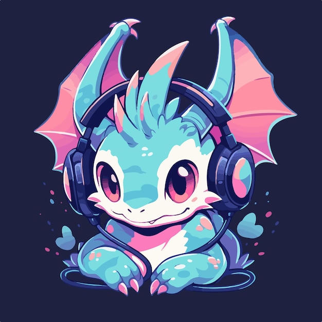 Vetor retrato de cute gaming dragon usando fones de ouvido