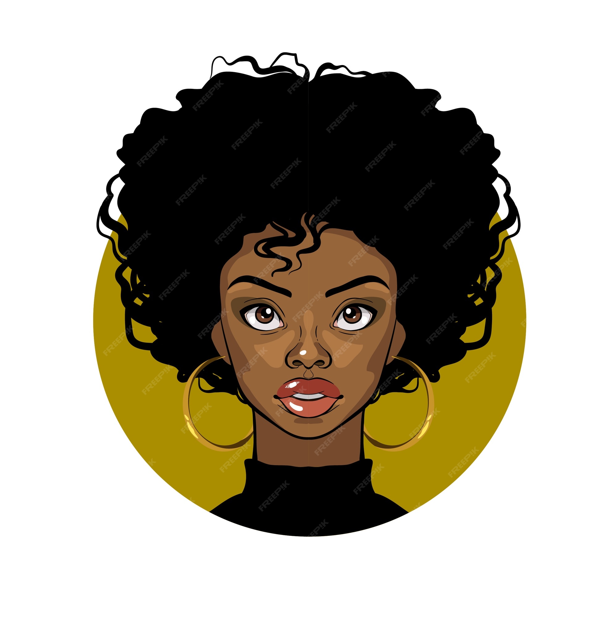 Retrato de desenho animado de uma garota afro-americana com cabelos  cacheados, olhos grandes e brincos de ouro | Vetor Premium