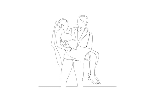 Retrato de desenho de linha contínua de ilustração vetorial de casal de noivos românticos vetor premium