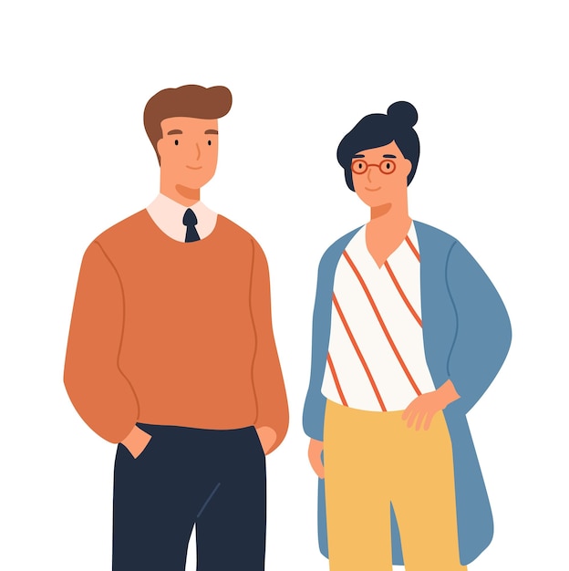 Retrato de engraçado empresário e empresária de pé juntos ilustração plana vetorial. Dois elegantes colegas sorridentes isolados no branco. Trabalhadores de escritório alegres de homem e mulher.