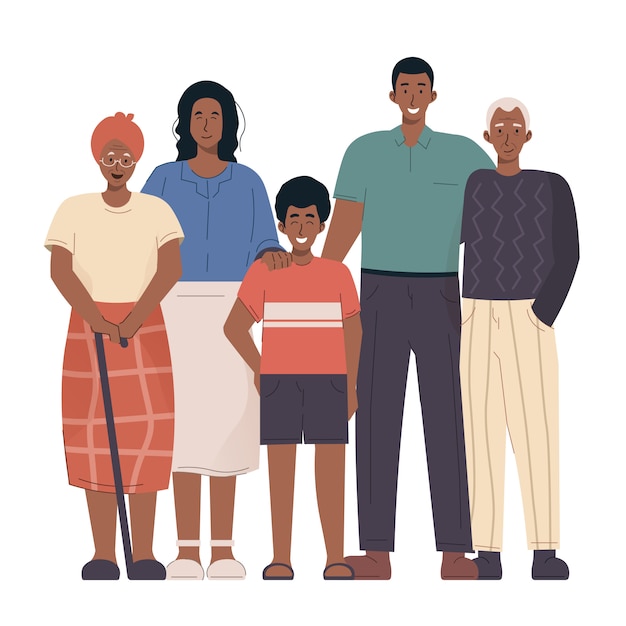 Vetor retrato de família africana. avós, pais e filhos