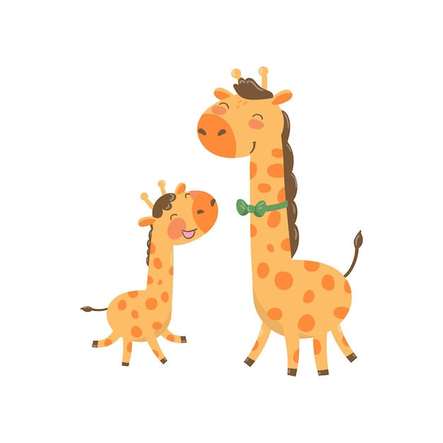 Retrato de família animal dos desenhos animados pai girafa com gravata verde e seu bebê engraçado pai e filho felizes design vetorial plano para cartão postal ou livro