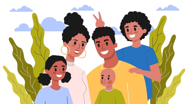 Retrato de família feliz. mãe e pai, filhos e seus irmãos. ilustração