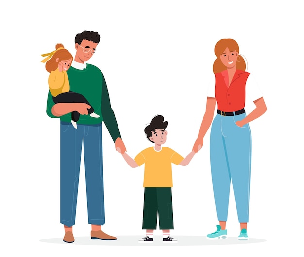Retrato de família moderna com uma criança de mãos dadas Adoção e conceito de paternidade