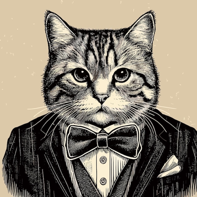 Vetor retrato de gato em terno ilustração desenhada à mão vector