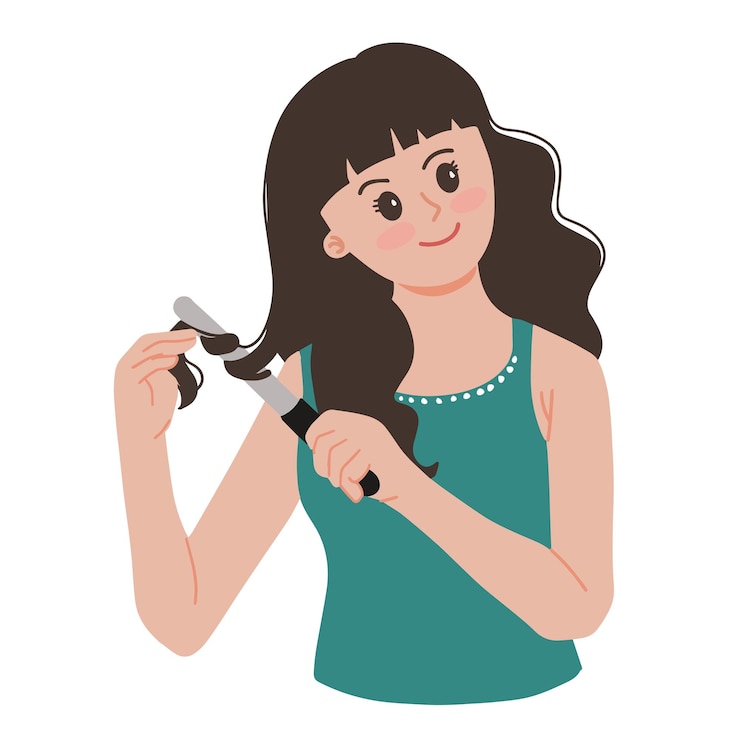 Vetor retrato de gesto de pose de menina bonita, modelando o cabelo com ilustração de ferro de ondulação