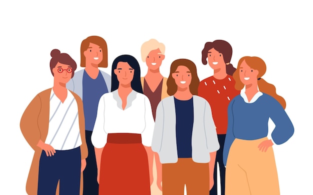 Retrato de grupo de adorável jovem sorridente posando juntos ilustração vetorial plana. Equipe de negócios feminino colorido isolado no fundo branco. Trabalhadores de escritório fofos engraçados ou colegas.